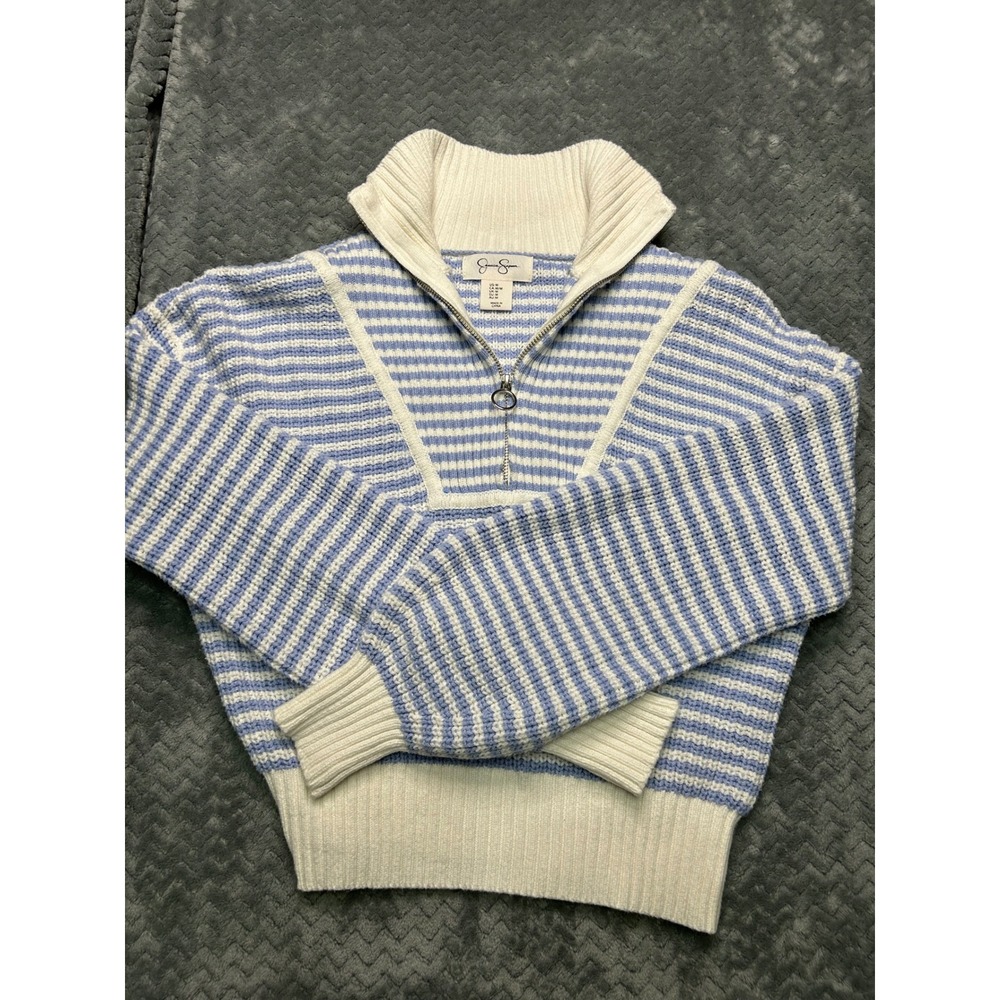 Jessica Simpson Blue White Striped Quarter Zip Knit Sweater Womens Medium